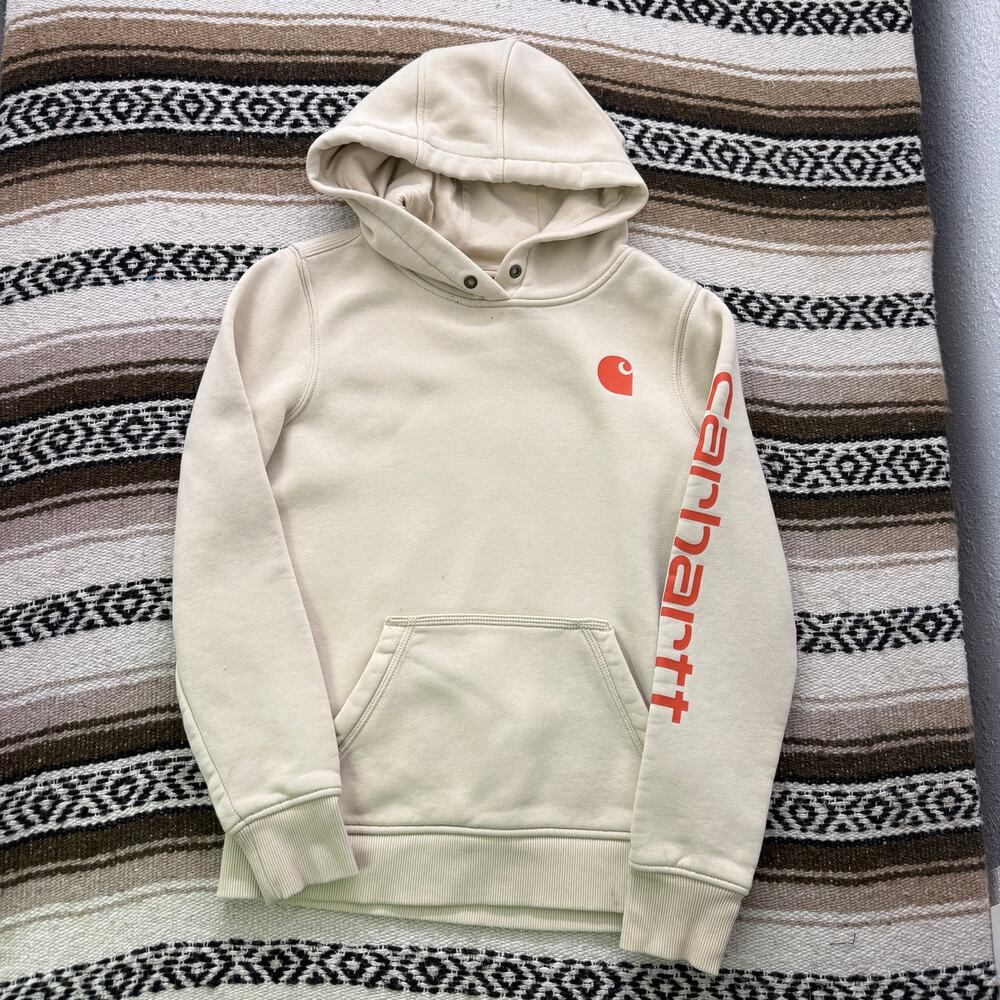 Women's Carhartt Malt Tan Midweight Sleeve Logo Hoodie Pullover Sweatshirt Sz XS